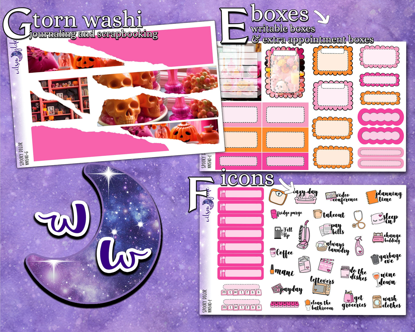 Spooky Decor full weekly sticker kit, HOBONICHI COUSIN format, a la carte and bundle options. WW540