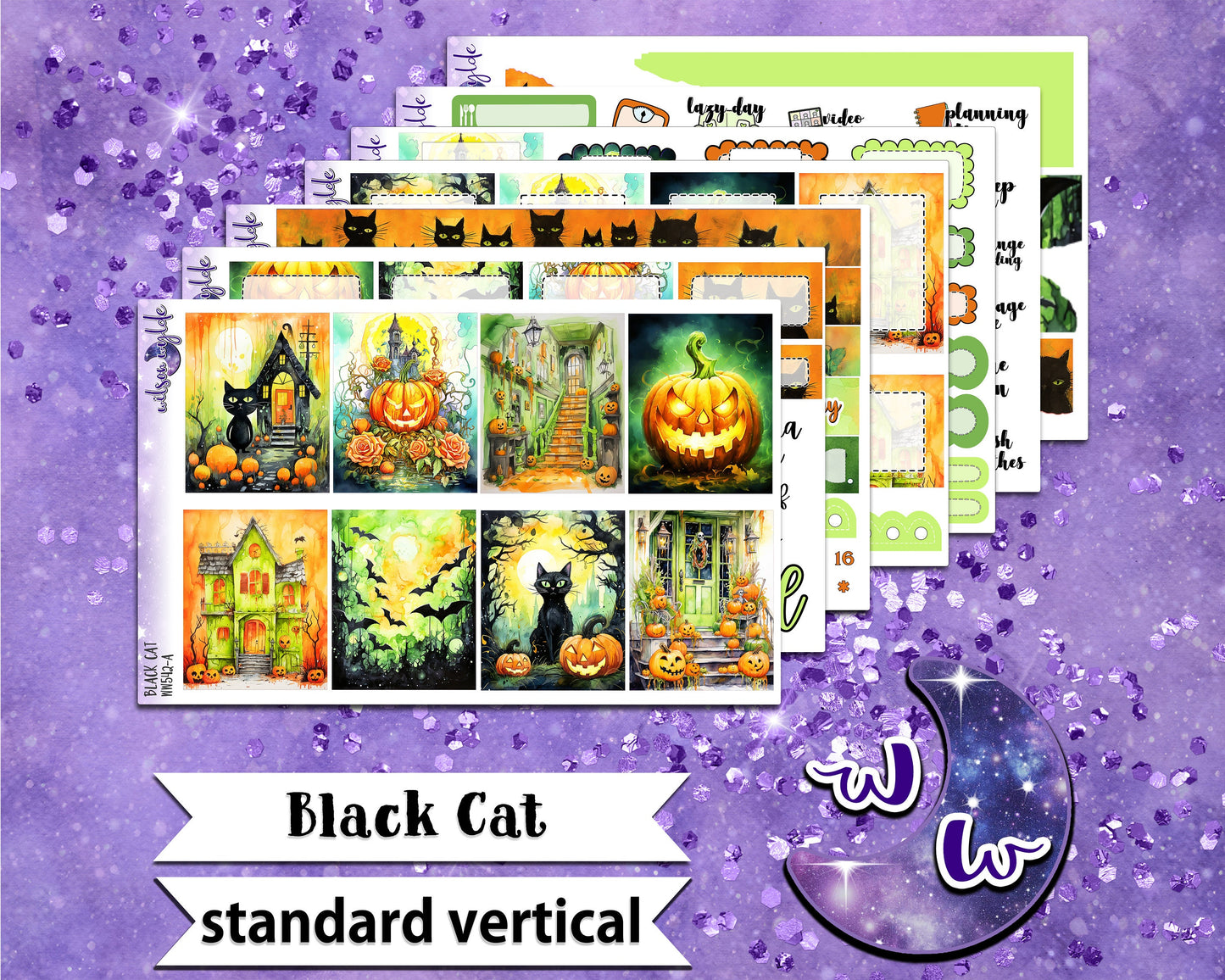 Black Cat full weekly sticker kit, STANDARD VERTICAL format, a la carte and bundle options. WW542