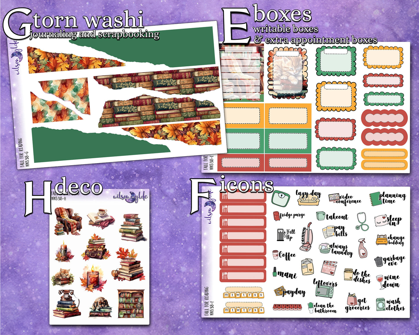 Fall for Reading full weekly sticker kit, STANDARD VERTICAL format, a la carte and bundle options. WW538