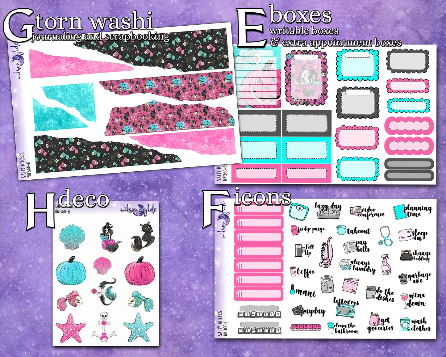 Salty Witches full weekly sticker kit, HOBONICHI COUSIN format, a la carte and bundle options. WW360