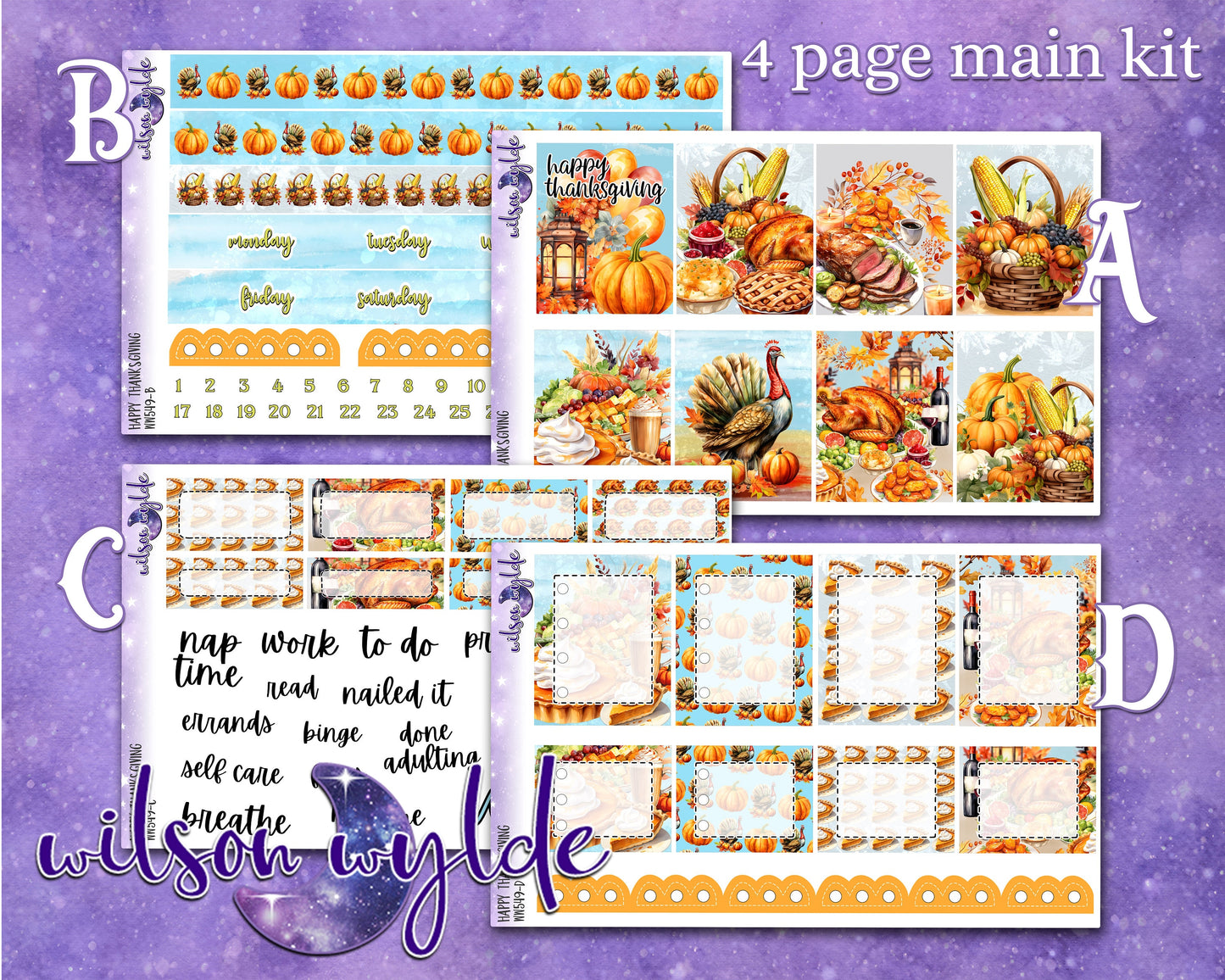 Happy Thanksgiving weekly sticker kit, HOBONICHI COUSIN format, a la carte and bundle options. WW549