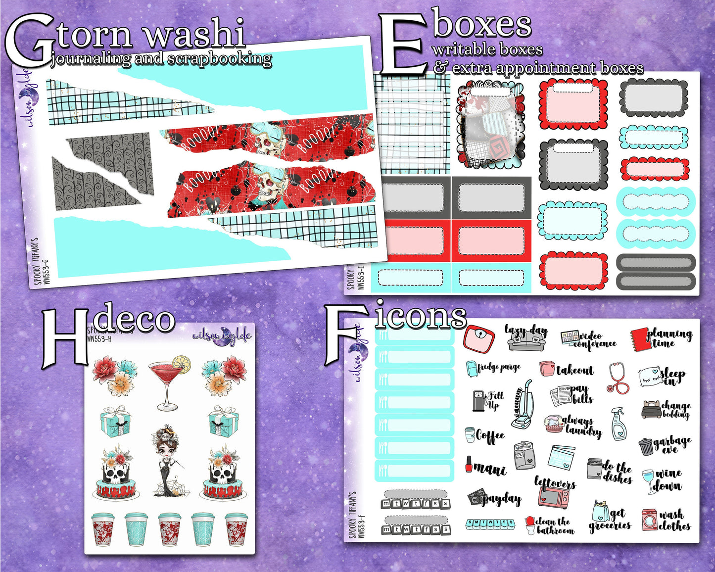 Spooky Tiffany's full weekly sticker kit, STANDARD VERTICAL format, a la carte and bundle options. WW553