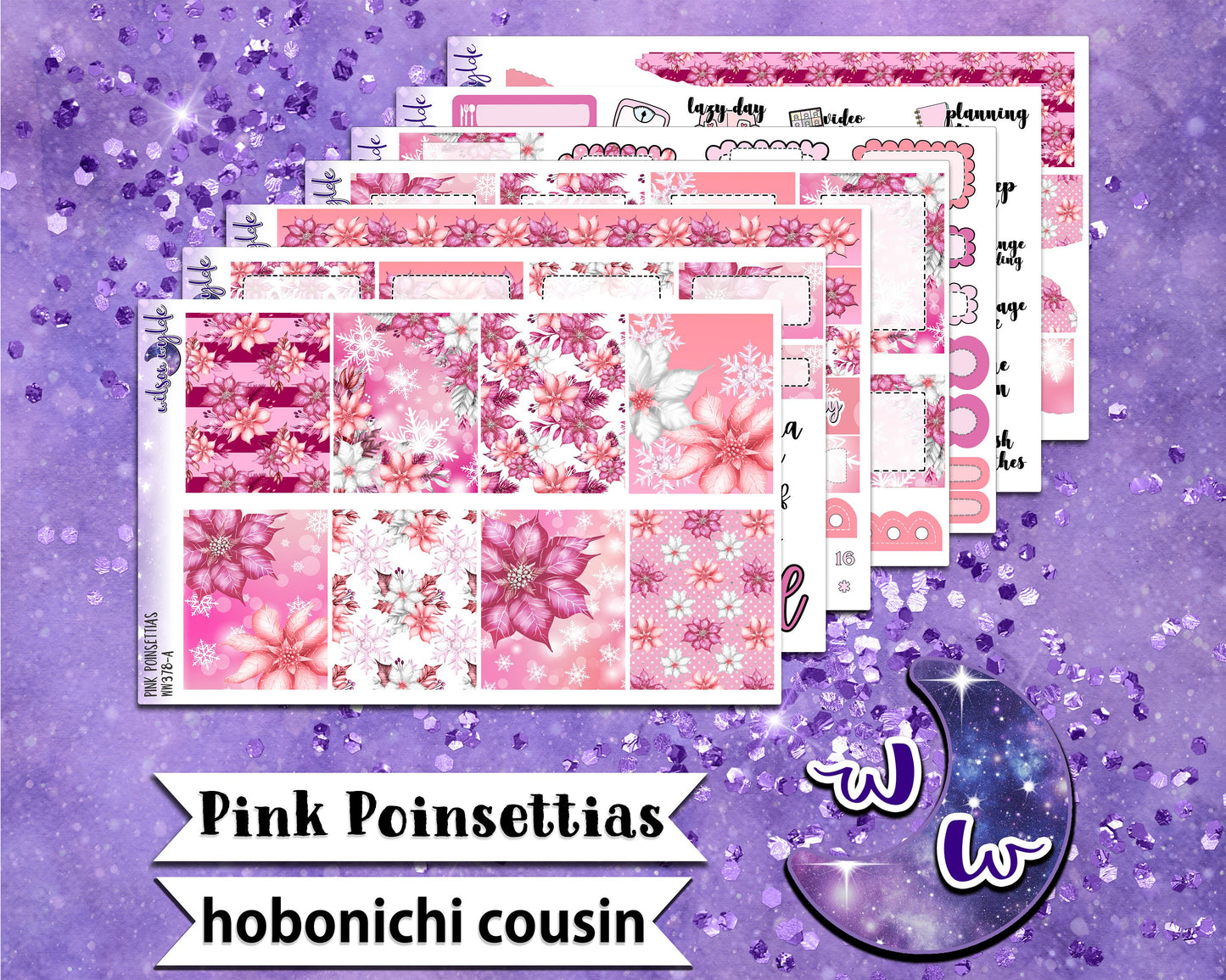 Pink Poinsettias full weekly sticker kit, HOBONICHI COUSIN format, a la carte and bundle options. WW378