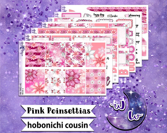 Pink Poinsettias full weekly sticker kit, HOBONICHI COUSIN format, a la carte and bundle options. WW378