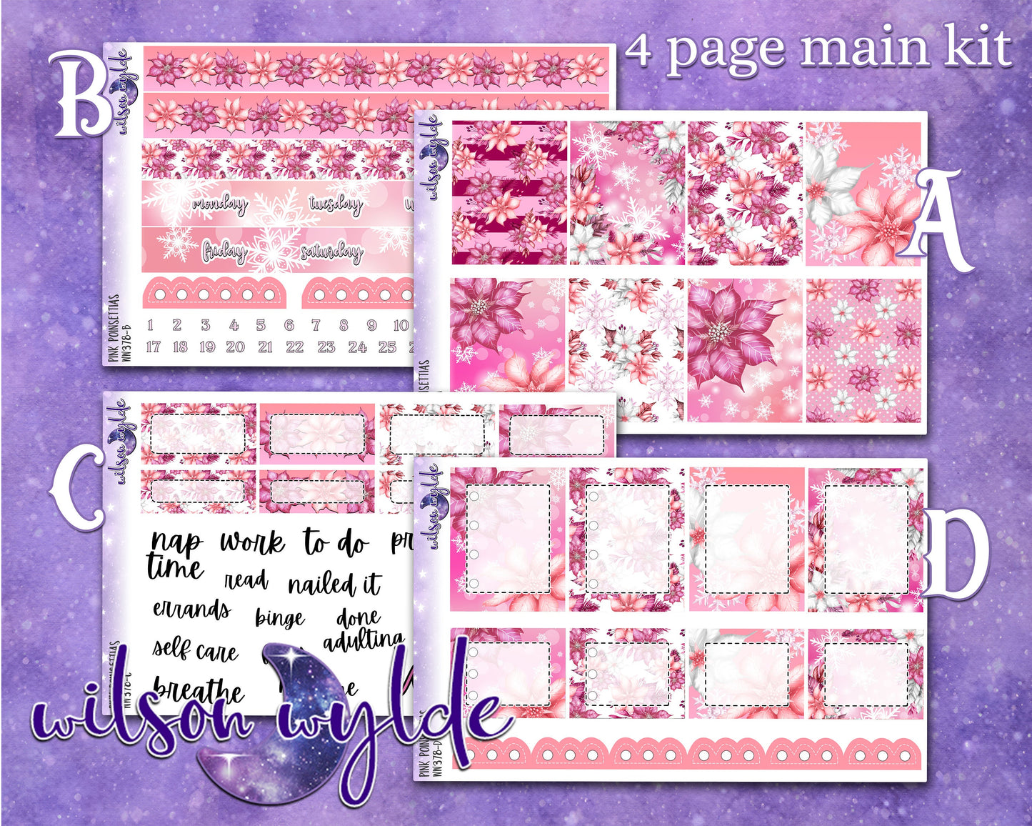 Pink Poinsettias full weekly sticker kit, HOBONICHI COUSIN format, a la carte and bundle options. WW378