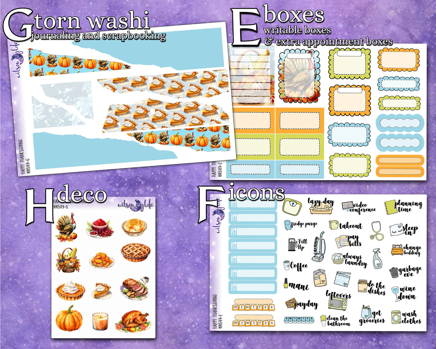 Happy Thanksgiving weekly sticker kit, HOBONICHI COUSIN format, a la carte and bundle options. WW549