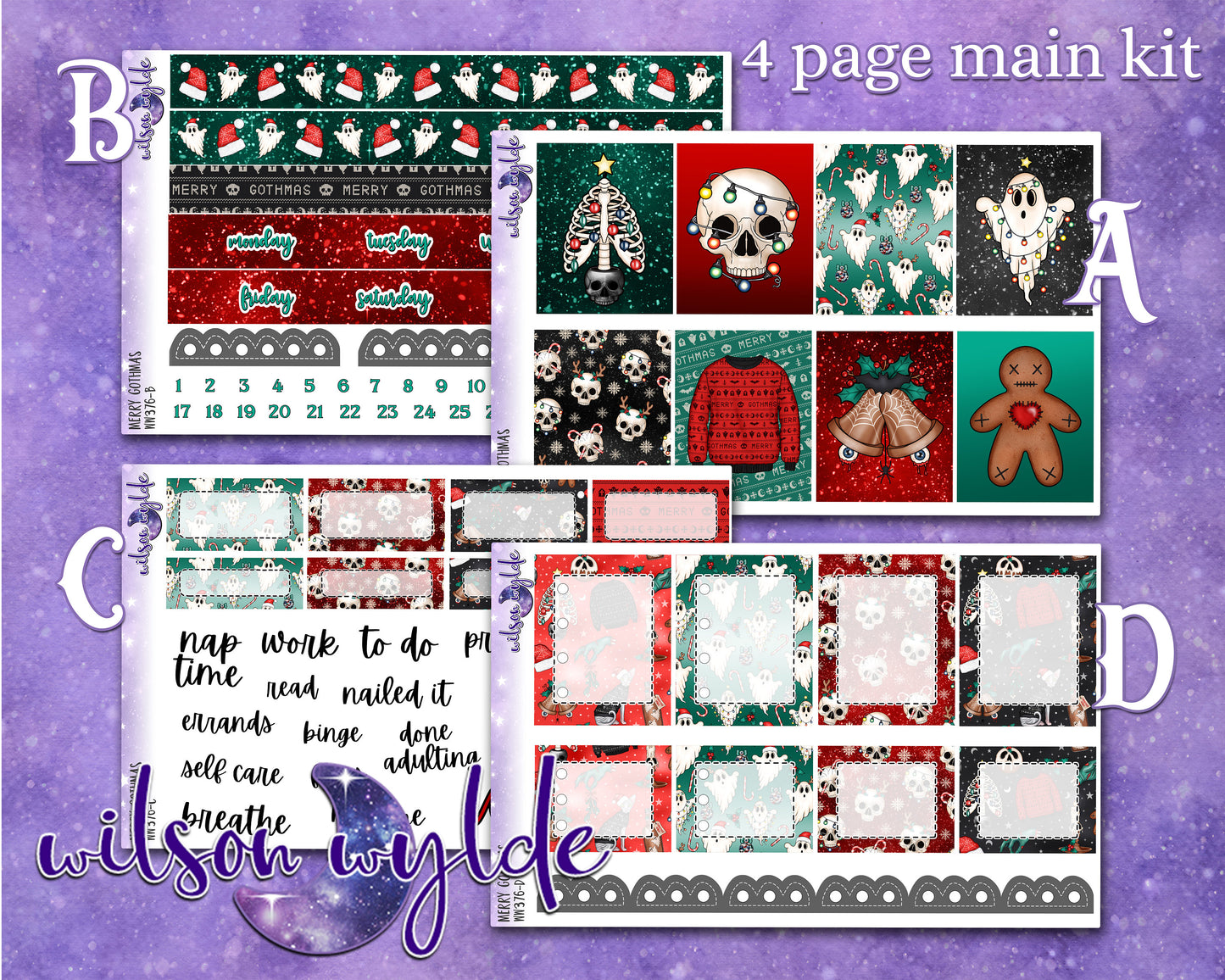 Merry Gothmas full weekly sticker kit, HOBONICHI COUSIN format, a la carte and bundle options. WW376