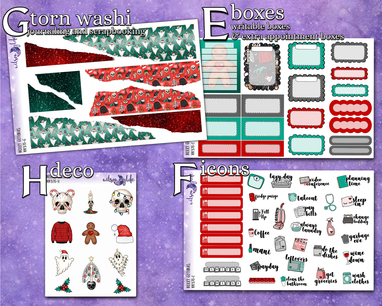 Merry Gothmas full weekly sticker kit, HOBONICHI COUSIN format, a la carte and bundle options. WW376