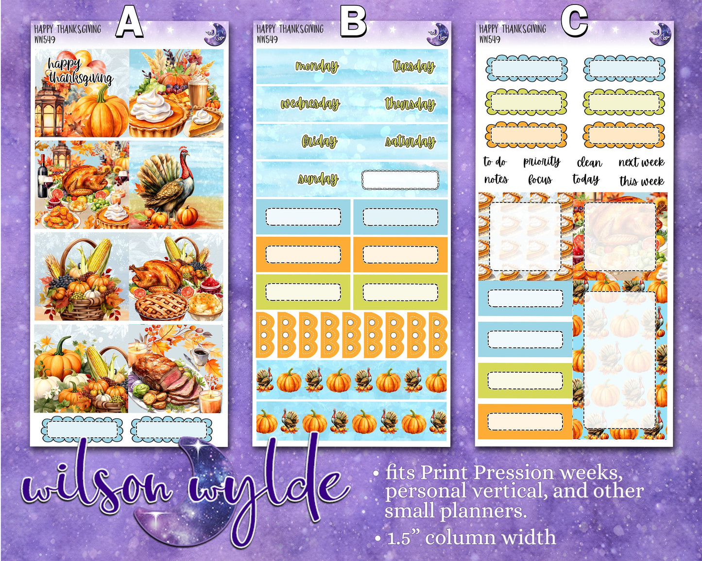 Happy Thanksgiving weekly sticker kit, VERTICAL WEEKS format, Print Pression weeks, a la carte and bundle options. WW549