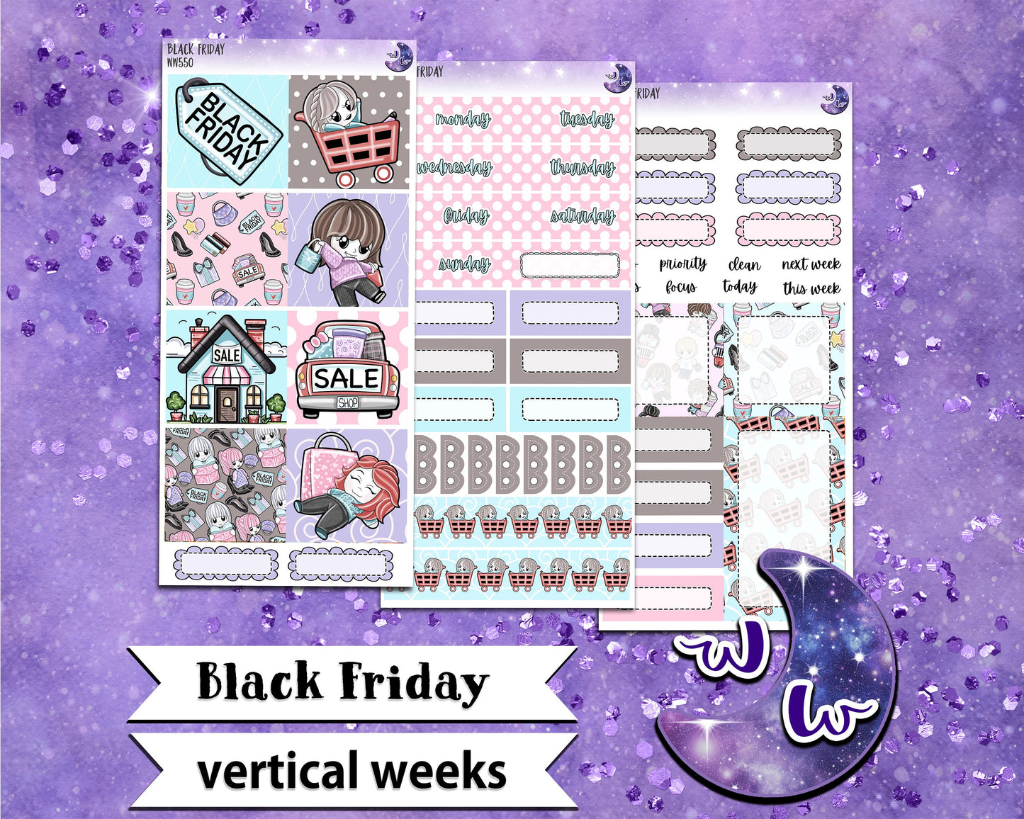 Black Friday weekly sticker kit, VERTICAL WEEKS format, Print Pression weeks, a la carte and bundle options. WW550