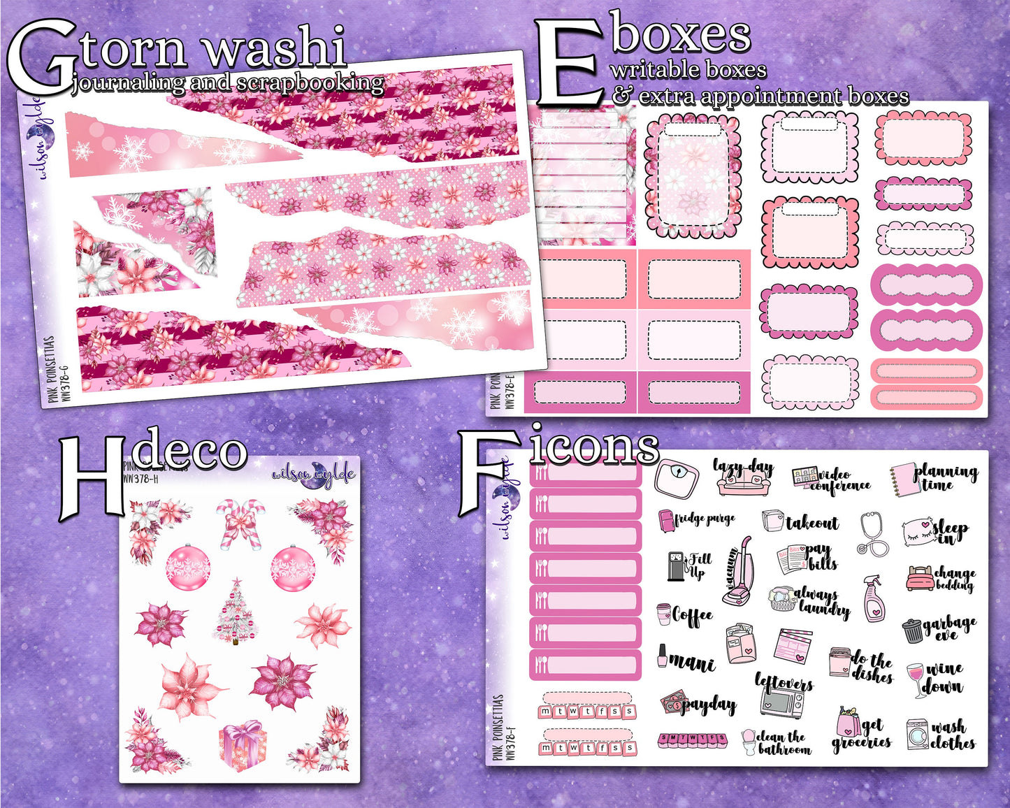 Pink Poinsettias full weekly sticker kit, HOBONICHI COUSIN format, a la carte and bundle options. WW378