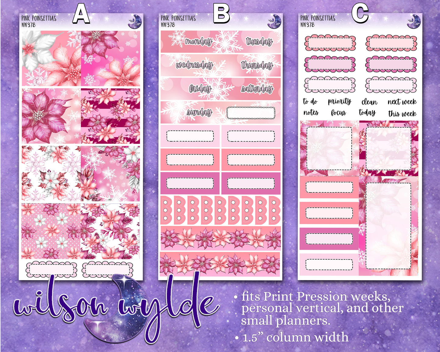 Pink Poinsettias weekly sticker kit, VERTICAL WEEKS format, Print Pression weeks, a la carte and bundle options. WW378