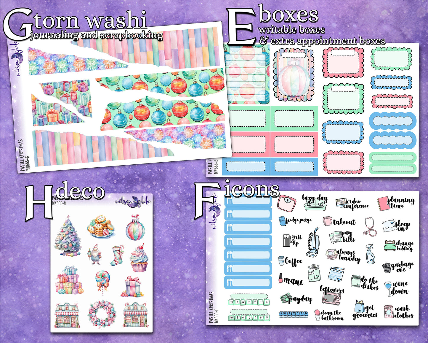 Pastel Christmas full weekly sticker kit, STANDARD VERTICAL format, a la carte and bundle options. WW555