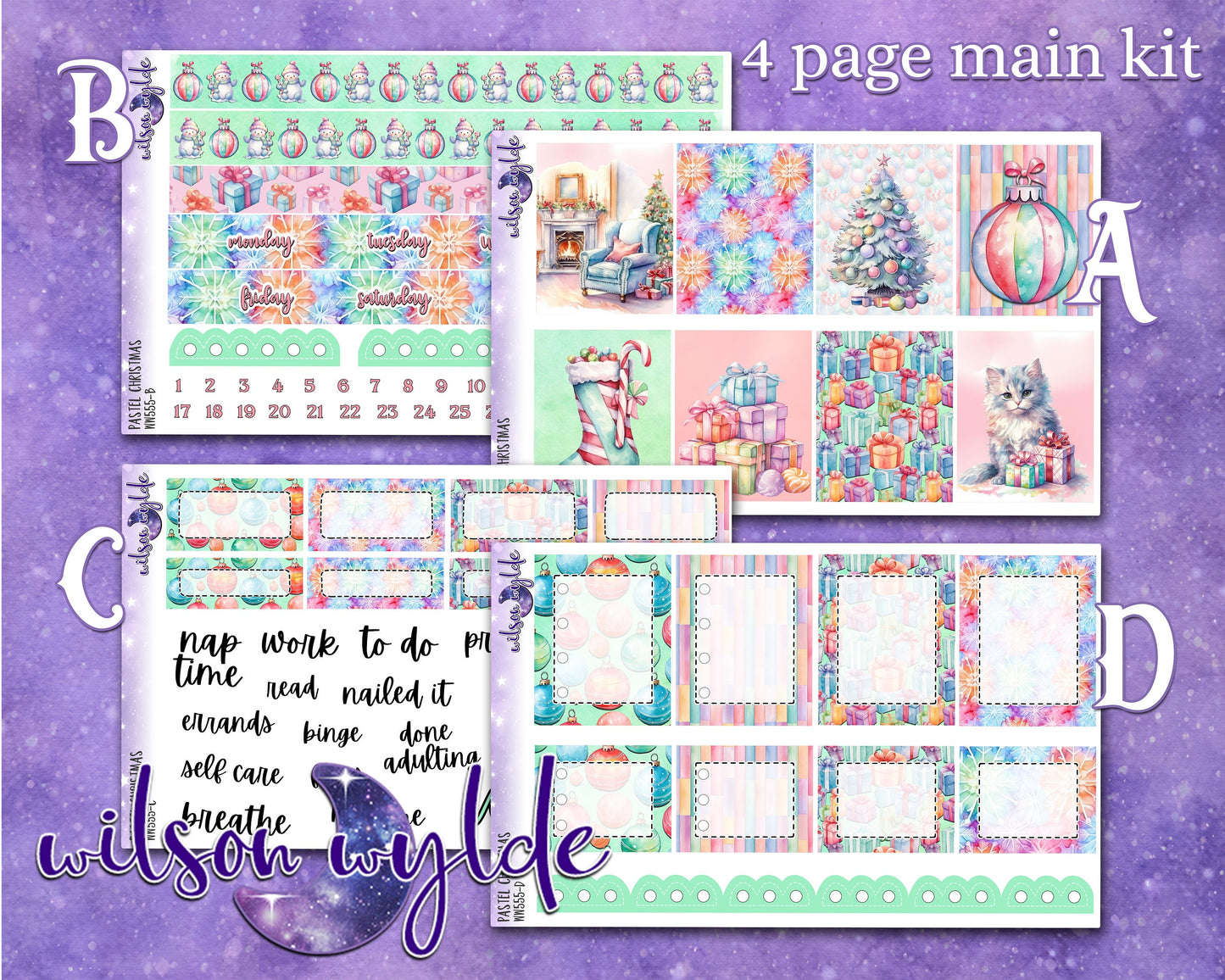 Pastel Christmas weekly sticker kit, HOBONICHI COUSIN format, a la carte and bundle options. WW555