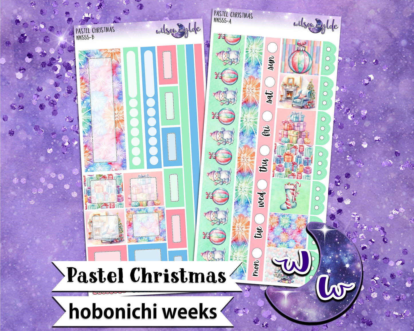 Pastel Christmas weekly sticker kit, HOBONICHI WEEKS format, a la carte and bundle options. WW555