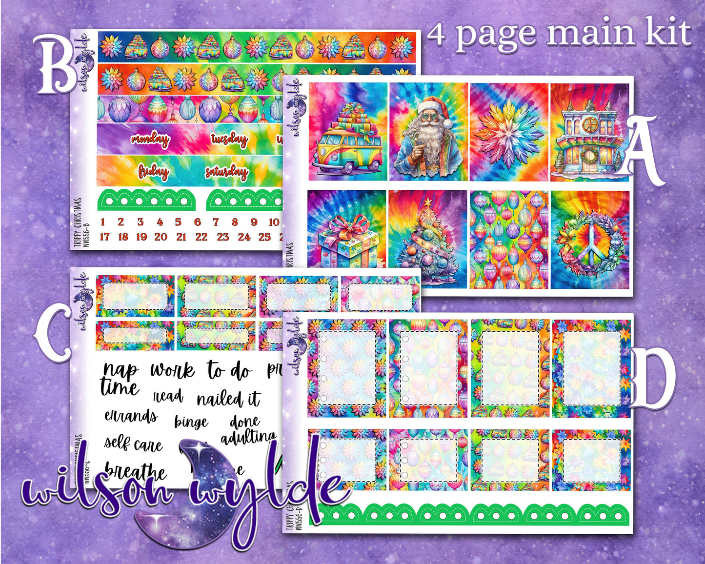 Trippy Christmas weekly sticker kit, HOBONICHI COUSIN format, a la carte and bundle options. WW556