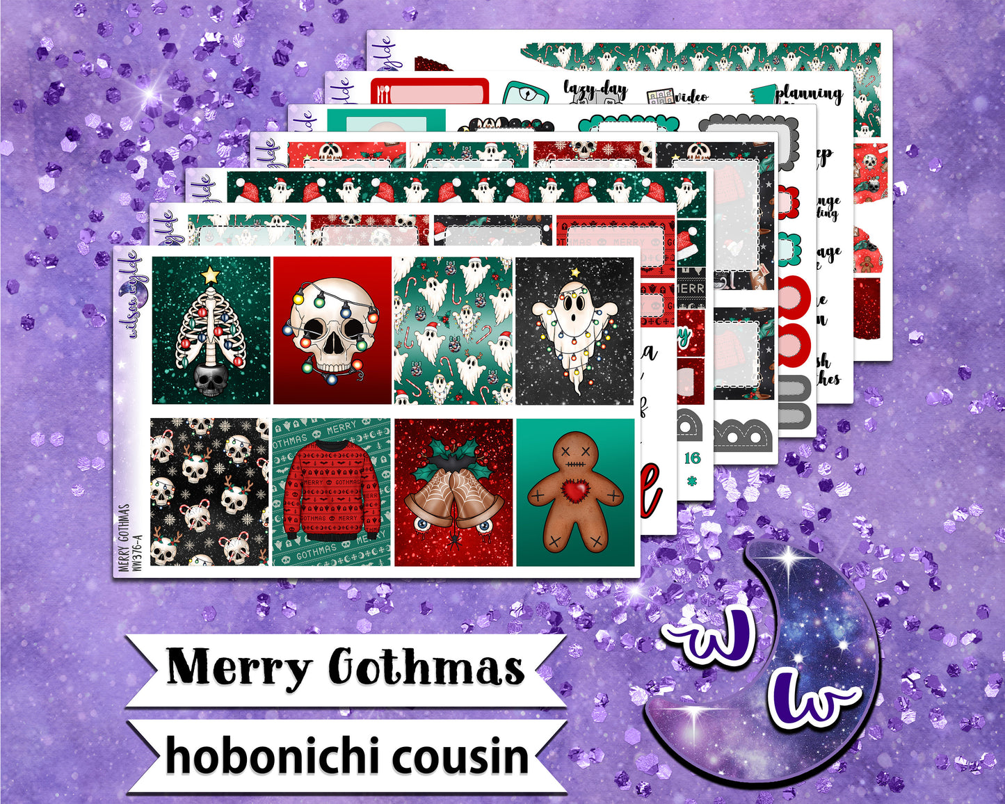 Merry Gothmas full weekly sticker kit, HOBONICHI COUSIN format, a la carte and bundle options. WW376