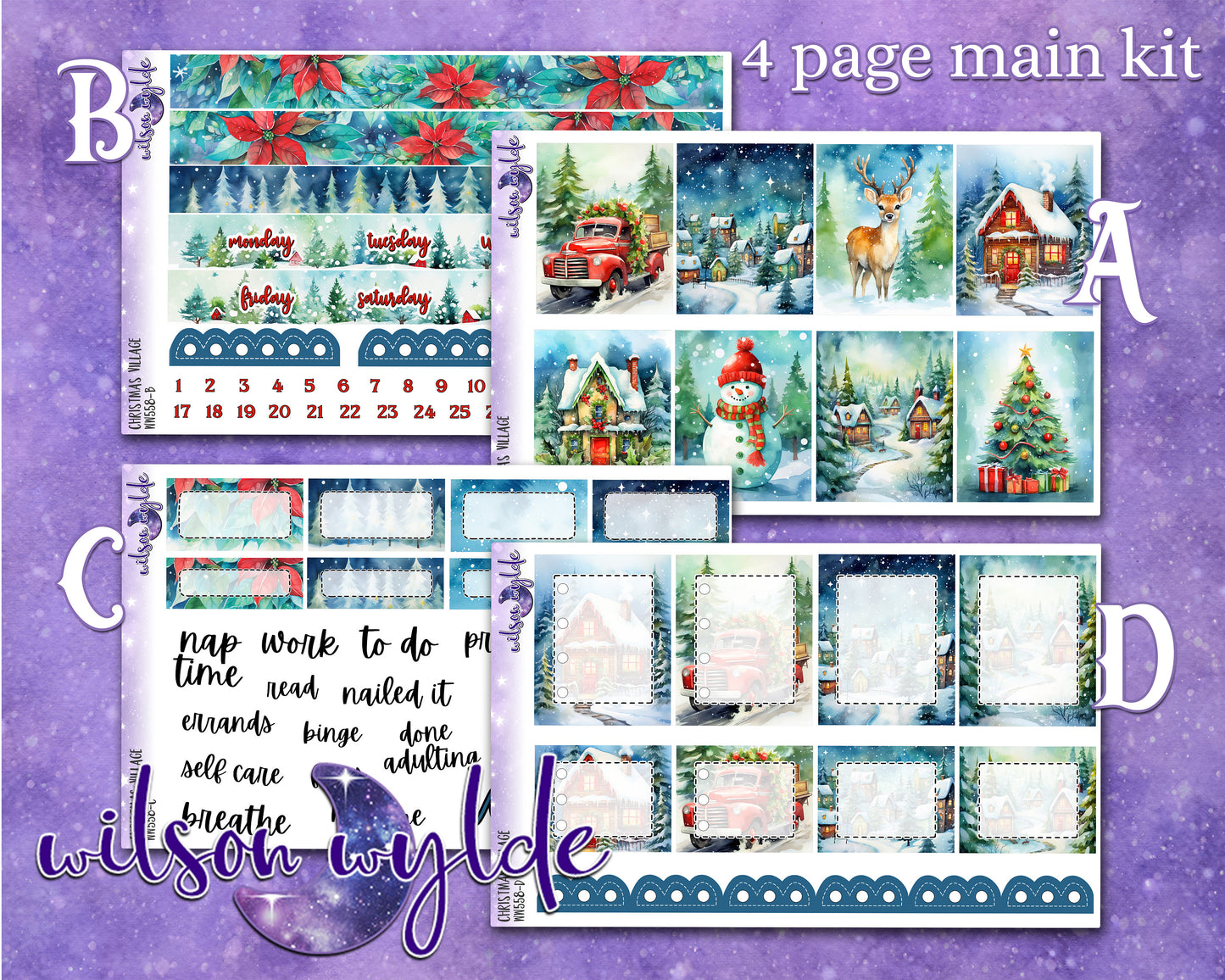 Christmas Village weekly sticker kit, HOBONICHI COUSIN format, a la carte and bundle options. WW558