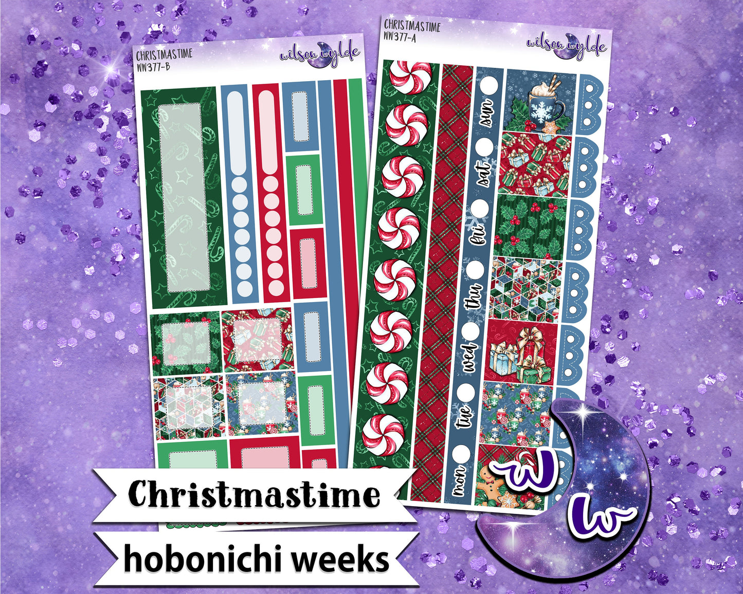 Christmastime weekly sticker kit, HOBONICHI WEEKS format, a la carte and bundle options. WW377