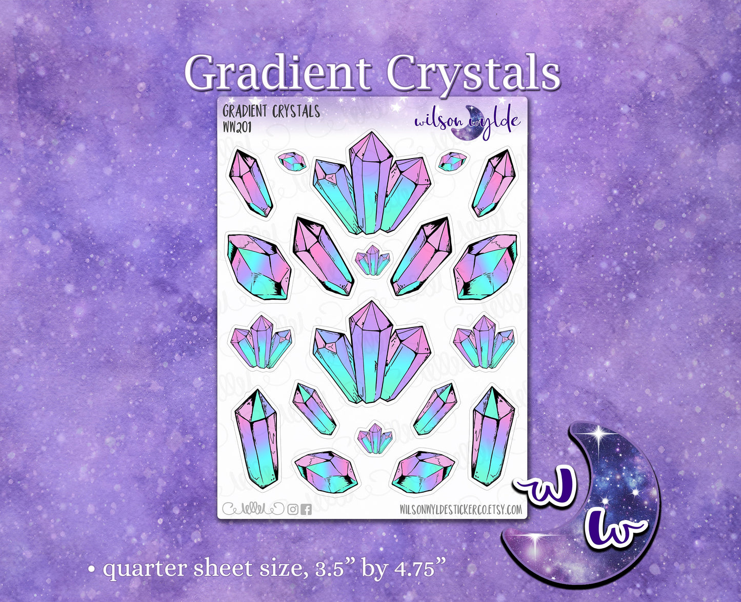 Gradient Crystals, wiccan planner stickers, pagan, pastel goth, for vertical, hobonichi, Happy Planner WW201