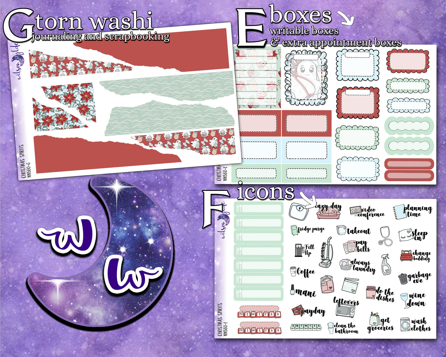 Christmas Spirits weekly sticker kit, HOBONICHI COUSIN format, a la carte and bundle options. WW560