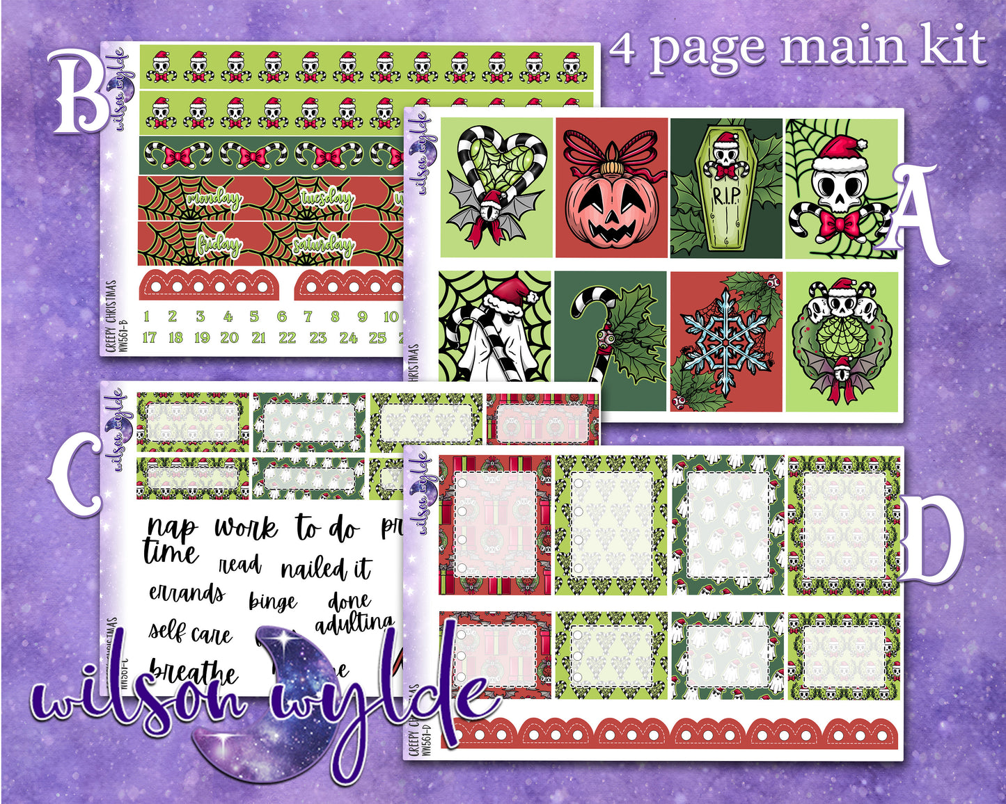 Creepy Christmas weekly sticker kit, HOBONICHI COUSIN format, a la carte and bundle options. WW561