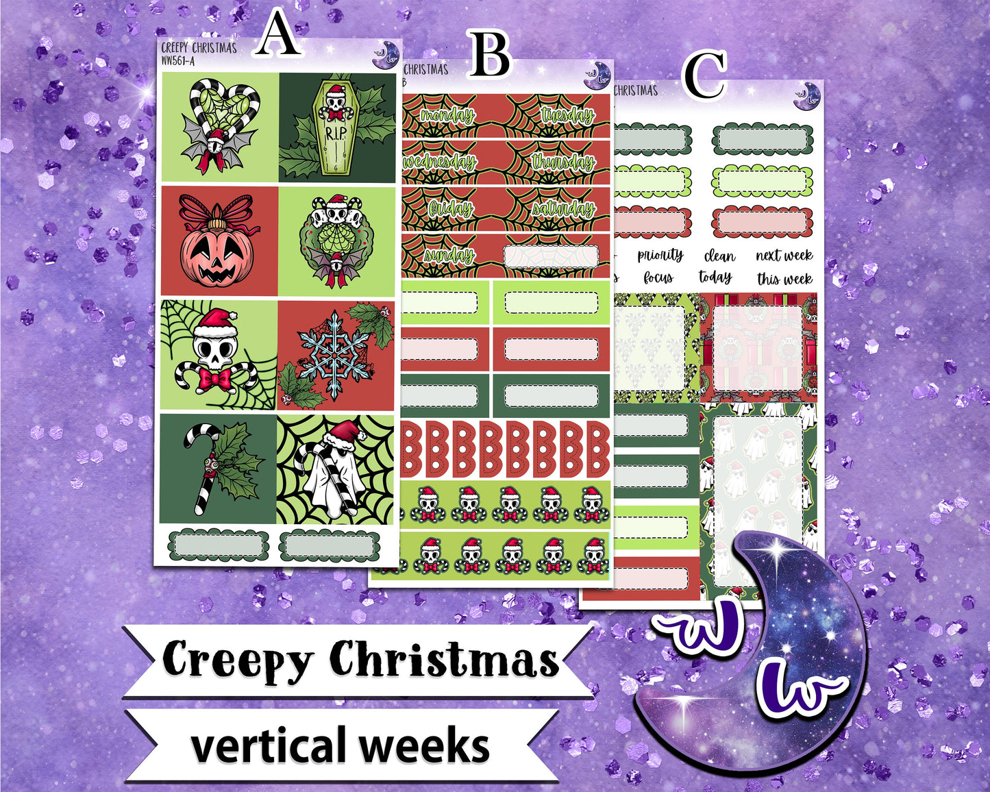 Creepy Christmas weekly sticker kit, VERTICAL WEEKS format, Print Pression weeks, a la carte and bundle options. WW561