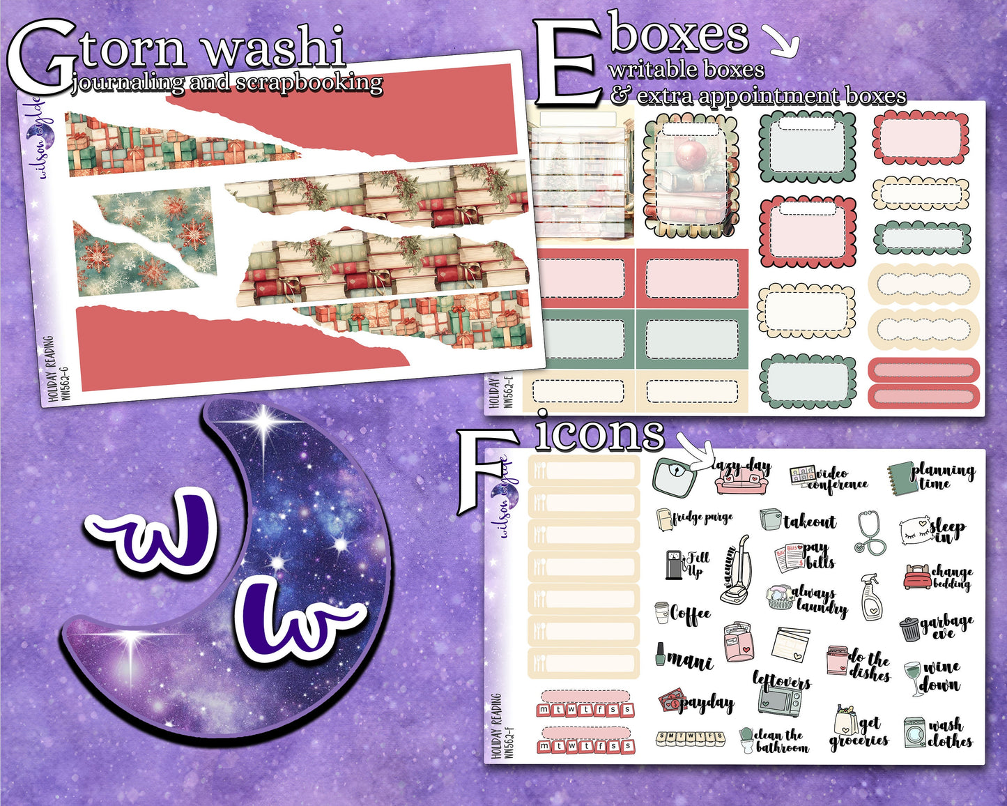 Holiday Reading weekly sticker kit, HOBONICHI COUSIN format, a la carte and bundle options. WW562