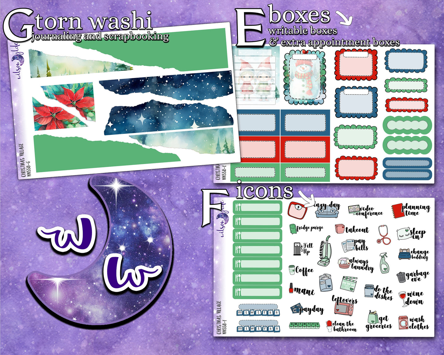 Christmas Village weekly sticker kit, HOBONICHI COUSIN format, a la carte and bundle options. WW558