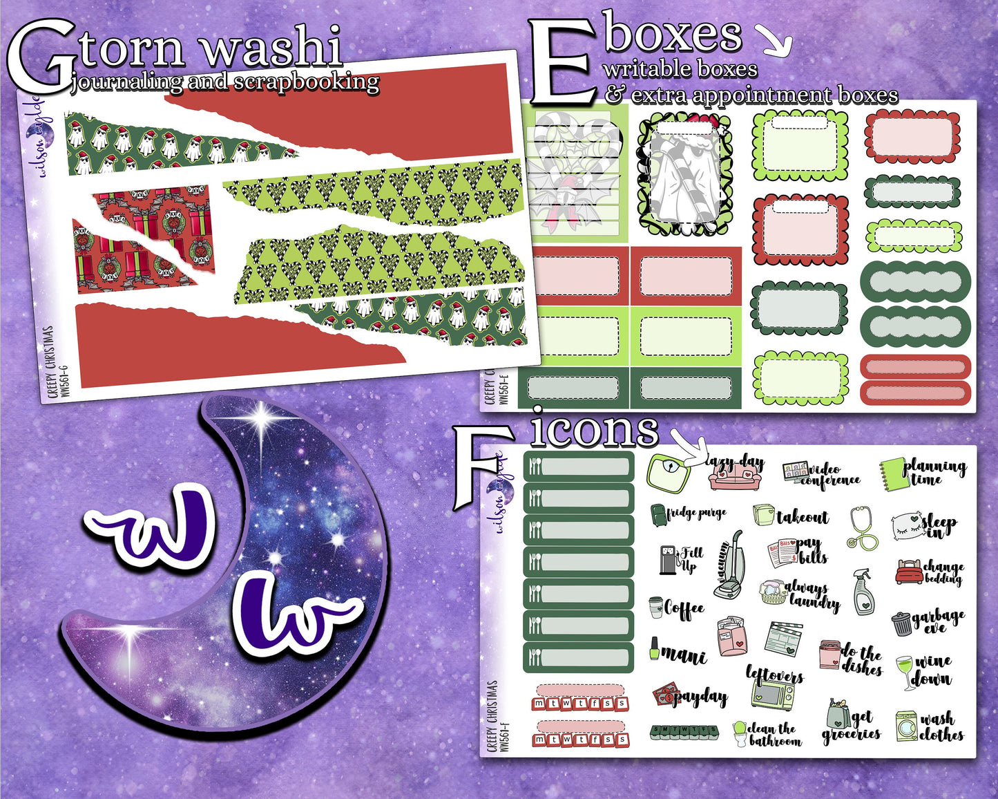 Creepy Christmas weekly sticker kit, HOBONICHI COUSIN format, a la carte and bundle options. WW561