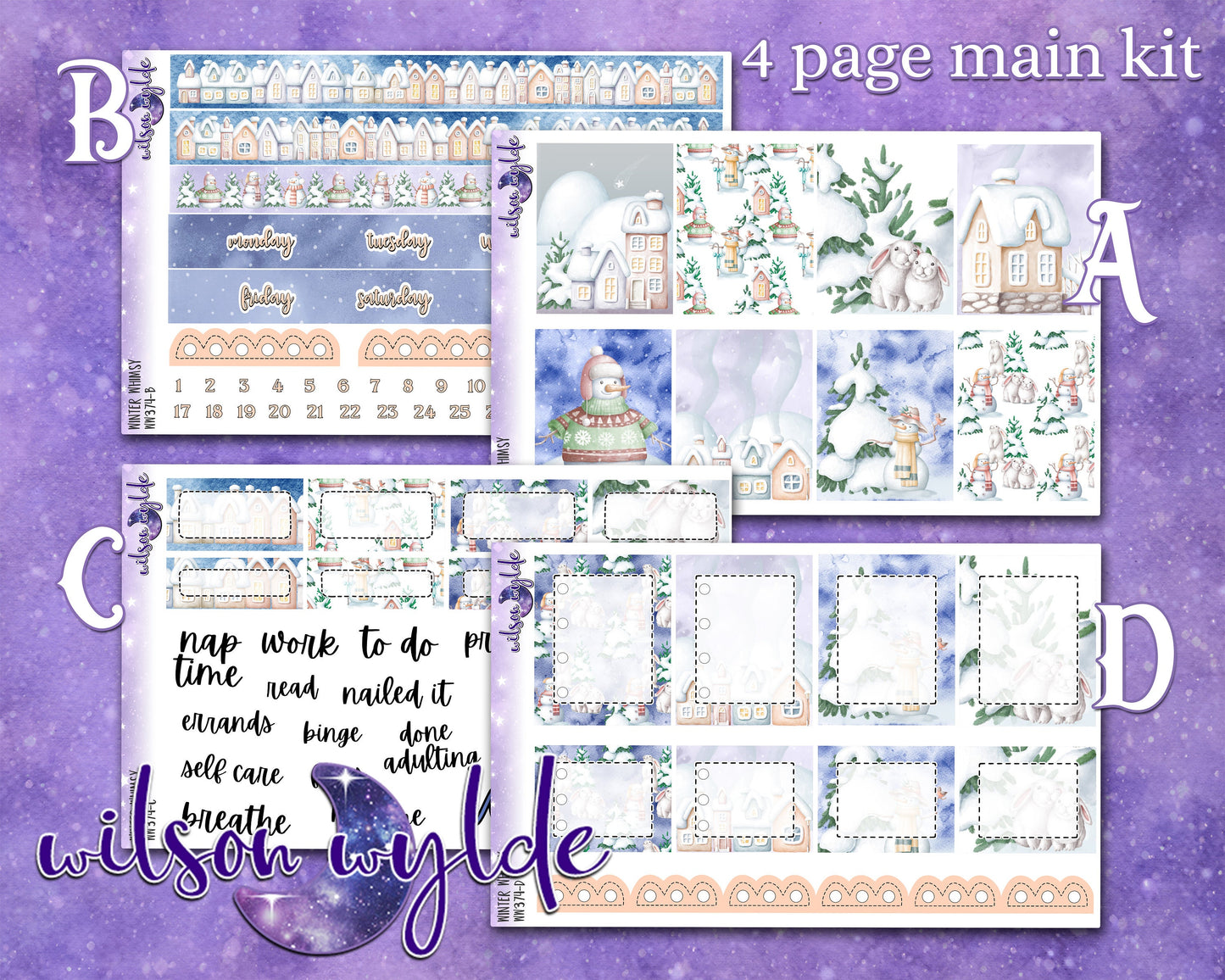 Winter Whimsy weekly sticker kit, HOBONICHI COUSIN format, a la carte and bundle options. WW374