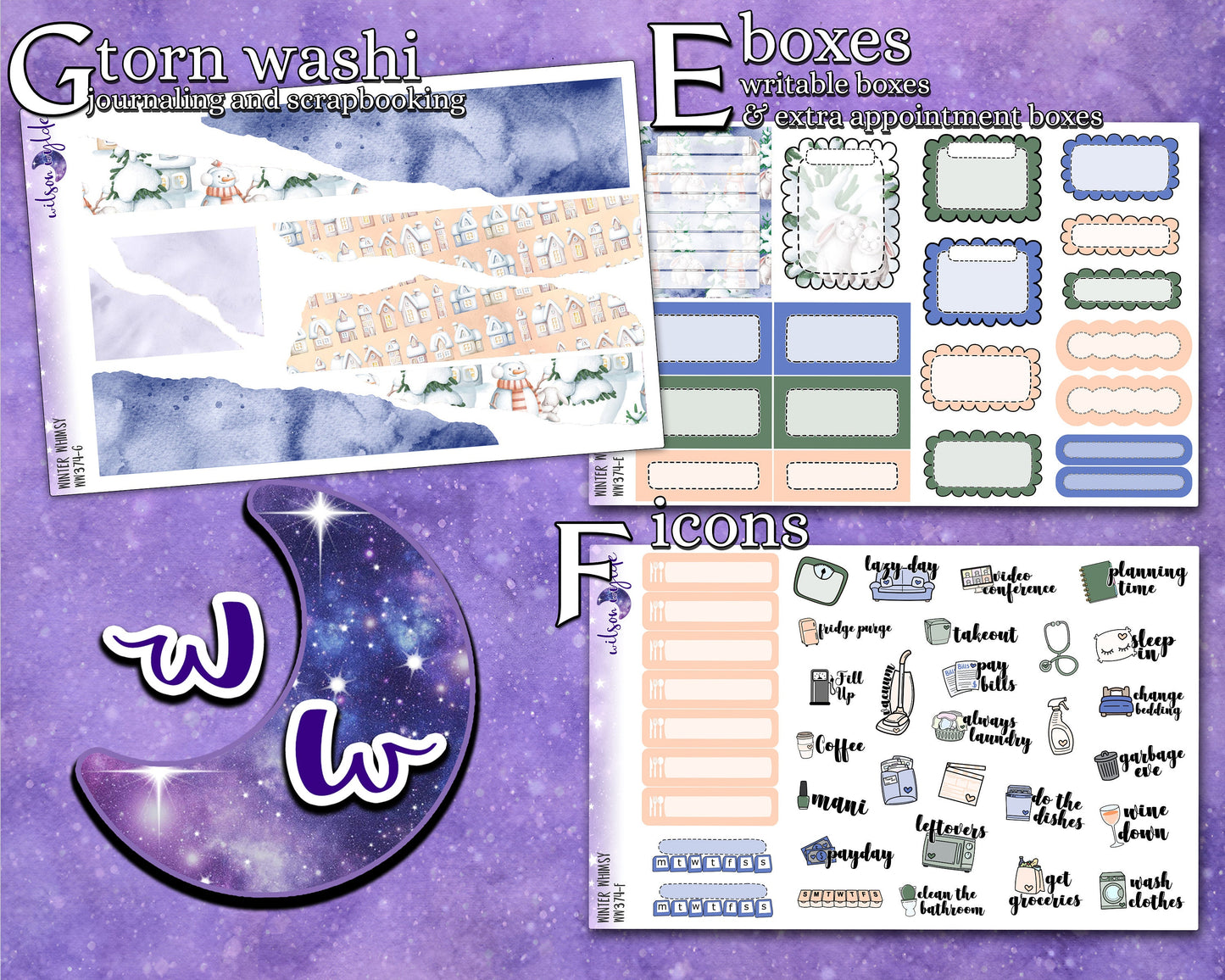 Winter Whimsy weekly sticker kit, HOBONICHI COUSIN format, a la carte and bundle options. WW374