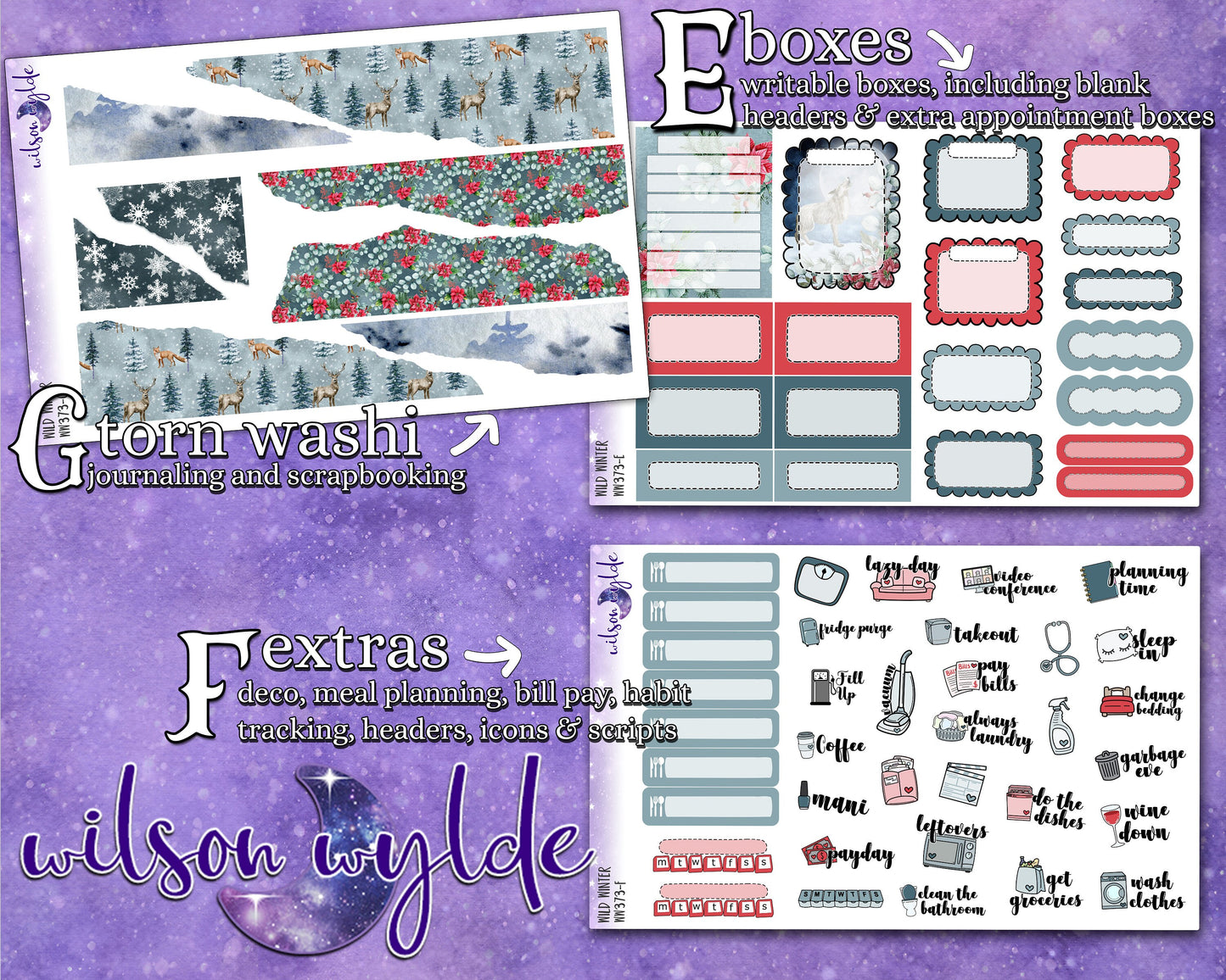 Wild Winter full weekly sticker kit, STANDARD VERTICAL format, a la carte and bundle options. WW373