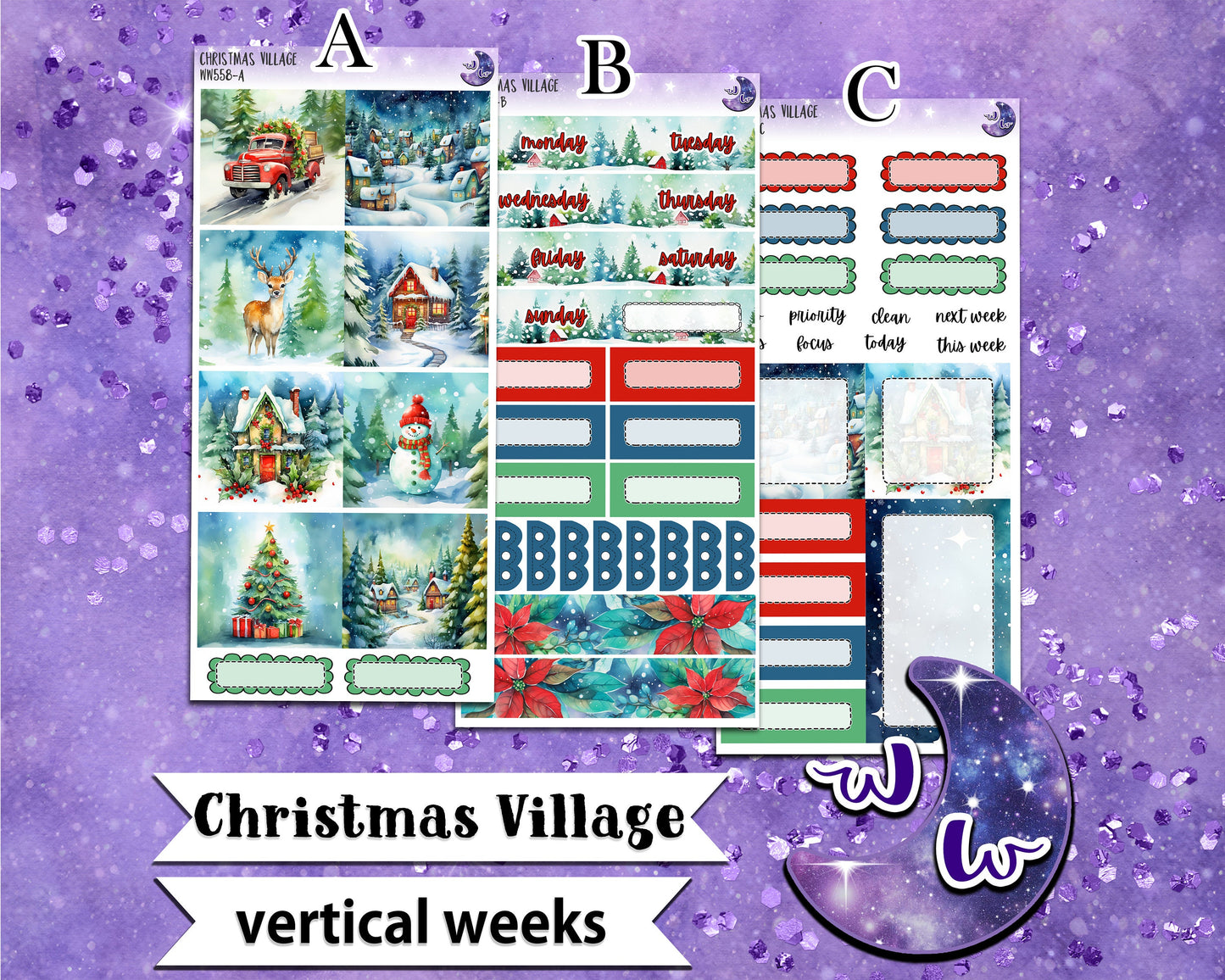 Christmas Village weekly sticker kit, VERTICAL WEEKS format, Print Pression weeks, a la carte and bundle options. WW558