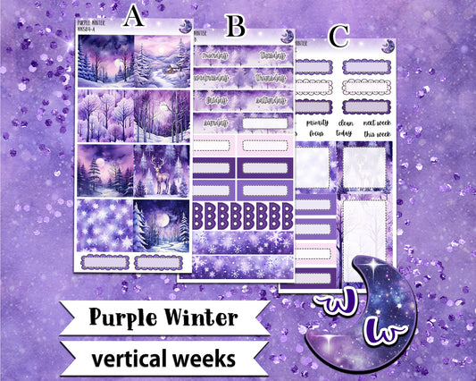 Purple Winter weekly sticker kit, VERTICAL WEEKS format, Print Pression weeks, a la carte and bundle options. WW584