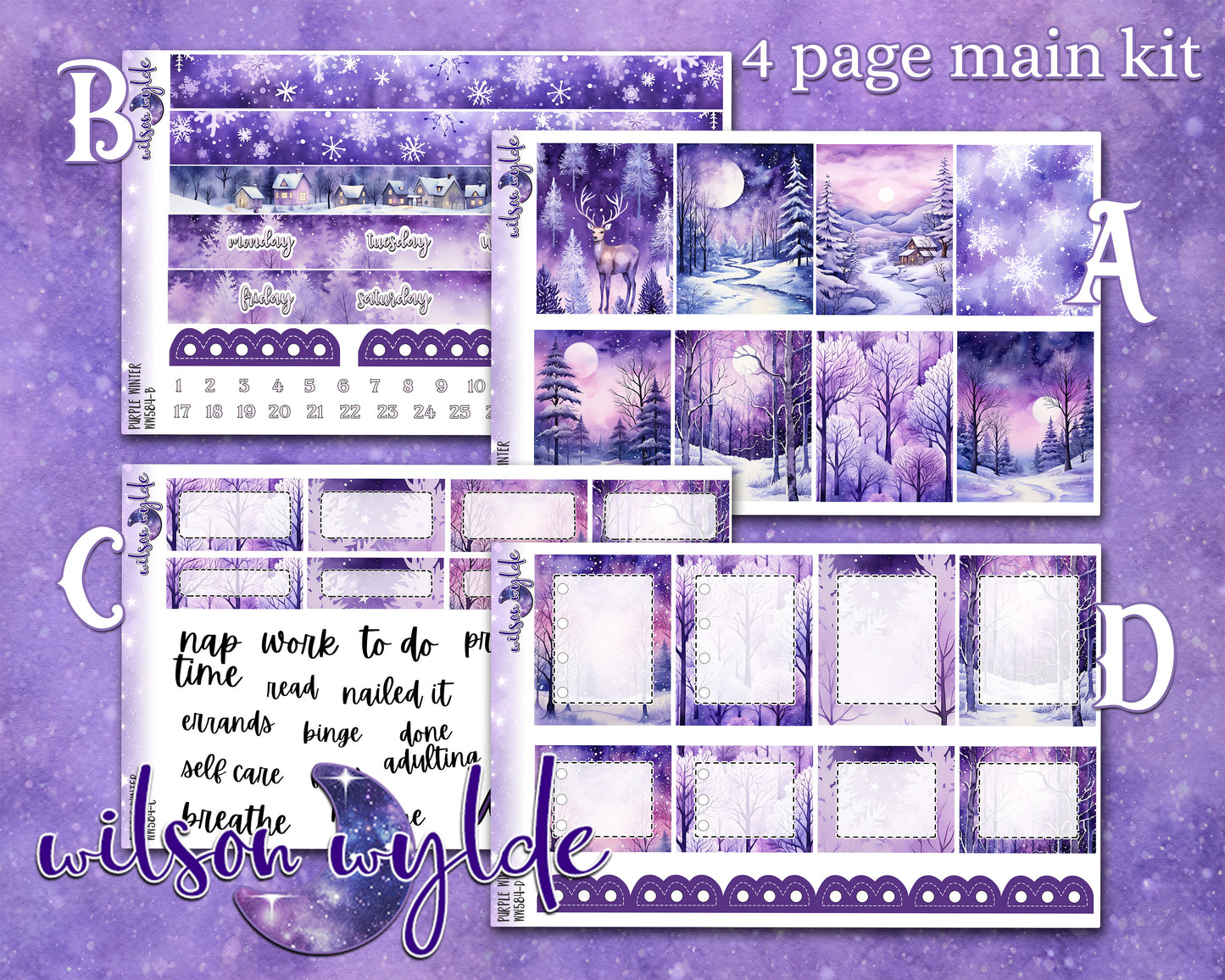 Purple Winter full weekly sticker kit, HOBONICHI COUSIN format, a la carte and bundle options. WW584