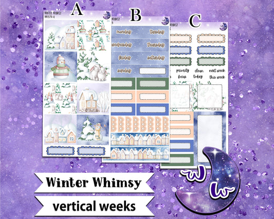 Winter Whimsy weekly sticker kit, VERTICAL WEEKS format, Print Pression weeks, a la carte and bundle options. WW374