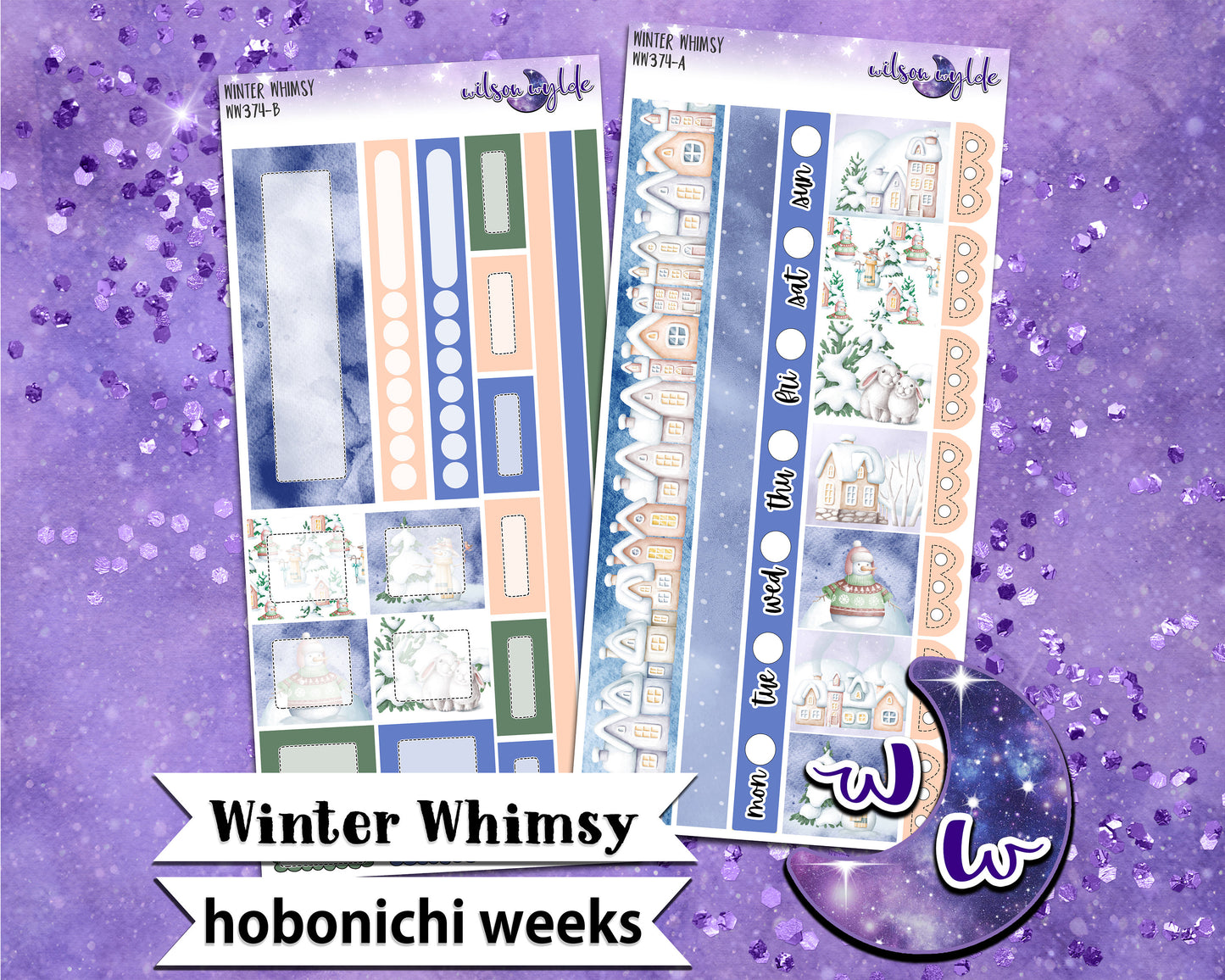 Winter Whimsy weekly sticker kit, HOBONICHI WEEKS format, a la carte and bundle options. WW374