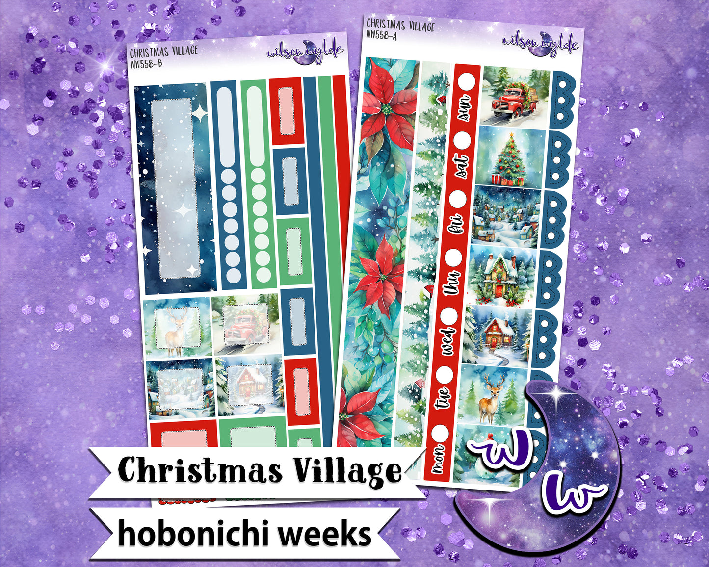 Christmas Village weekly sticker kit, HOBONICHI WEEKS format, a la carte and bundle options. WW558