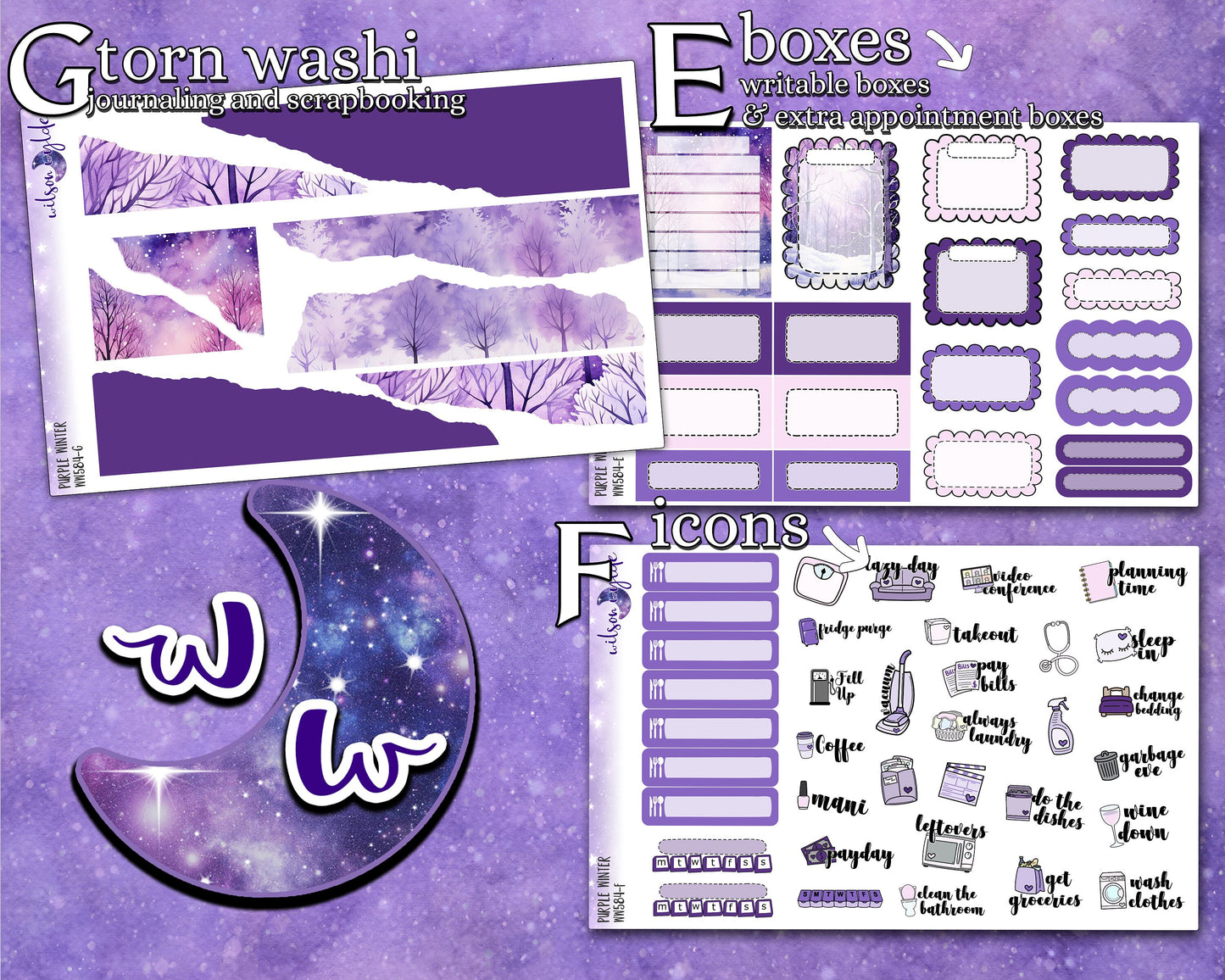 Purple Winter full weekly sticker kit, HOBONICHI COUSIN format, a la carte and bundle options. WW584