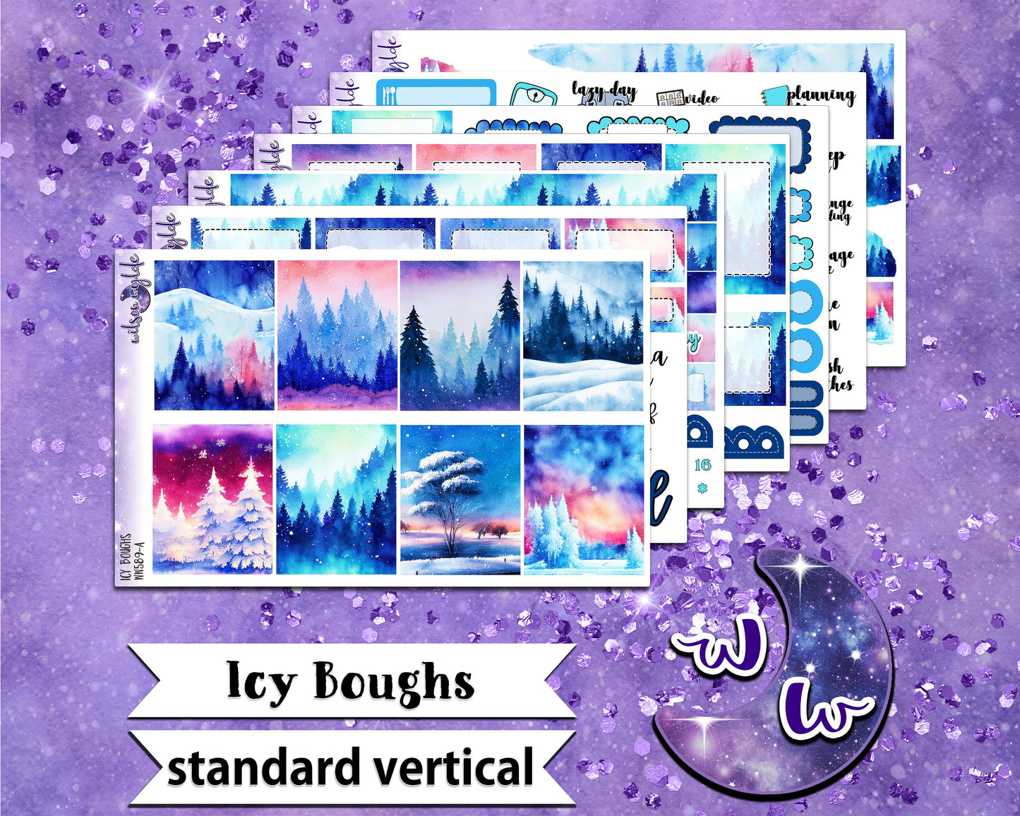 Icy Boughs full weekly sticker kit, STANDARD VERTICAL format, a la carte and bundle options. WW589