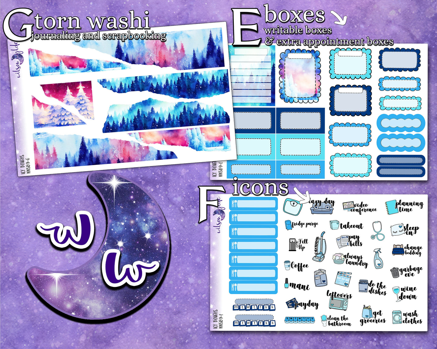 Icy Boughs full weekly sticker kit, STANDARD VERTICAL format, a la carte and bundle options. WW589