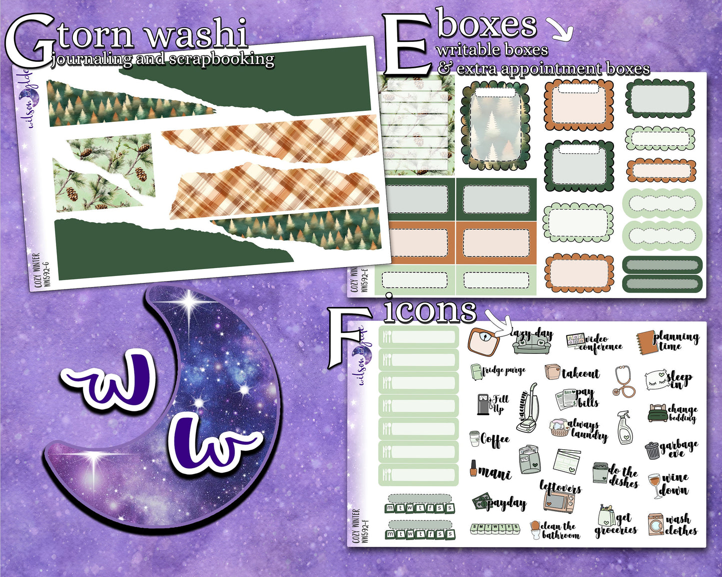 Cozy Winter weekly sticker kit, HOBONICHI COUSIN format, a la carte and bundle options. WW592