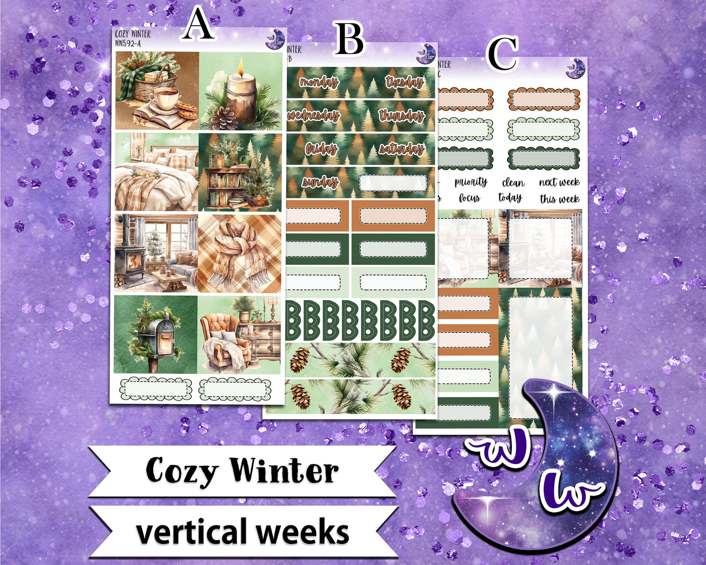 Cozy Winter weekly sticker kit, VERTICAL WEEKS format, Print Pression weeks, a la carte and bundle options. WW592