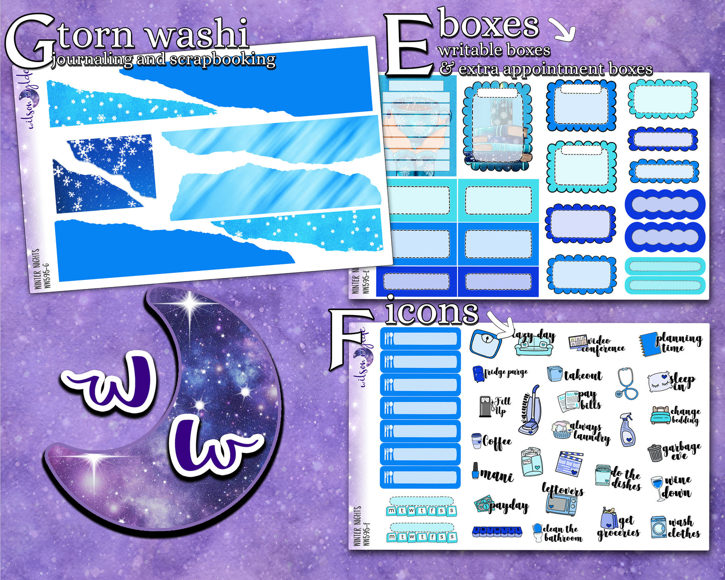 Winter Nights full weekly sticker kit, STANDARD VERTICAL format, a la carte and bundle options. WW595