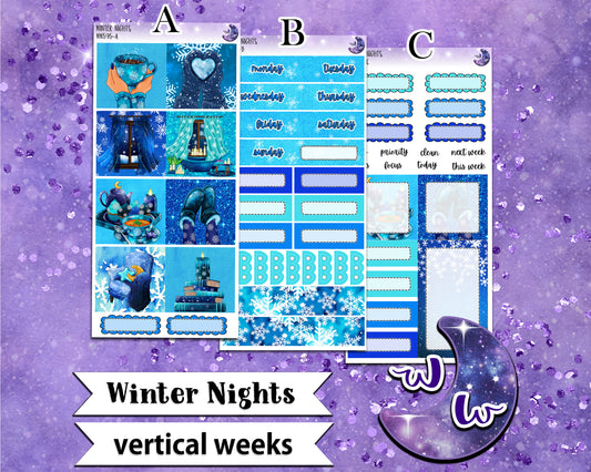 Winter Nights weekly sticker kit, VERTICAL WEEKS format, Print Pression weeks, a la carte and bundle options. WW595