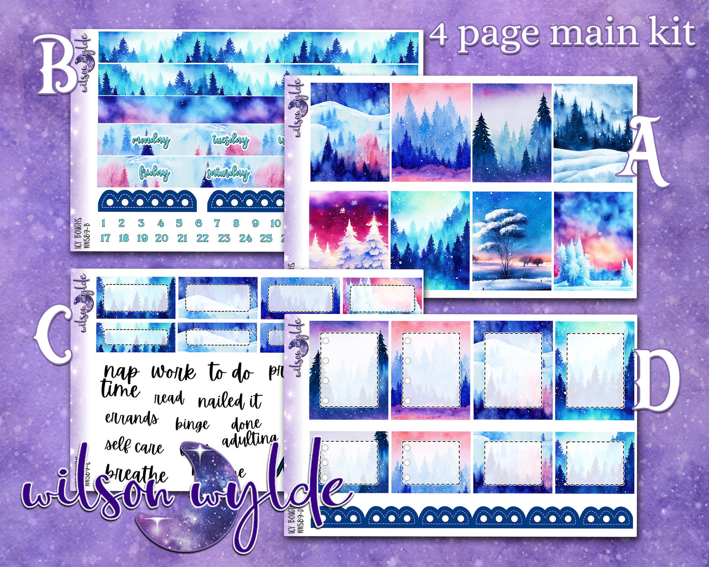 Icy Boughs weekly sticker kit, HOBONICHI COUSIN format, a la carte and bundle options. WW589