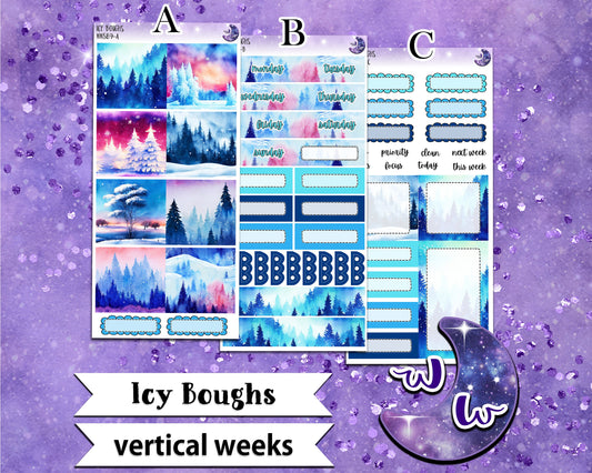 Icy Boughs weekly sticker kit, VERTICAL WEEKS format, Print Pression weeks, a la carte and bundle options. WW589