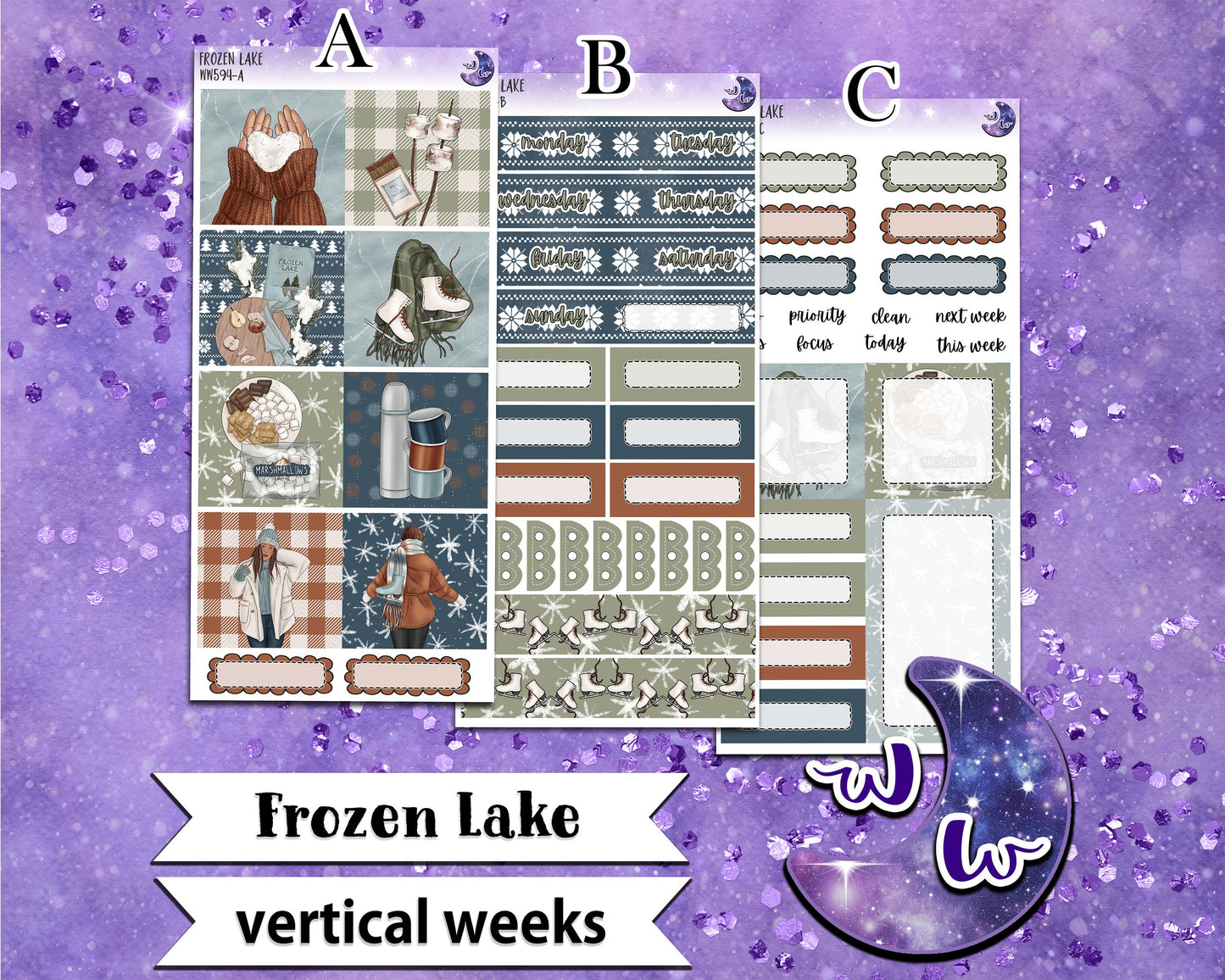 Frozen Lake weekly sticker kit, VERTICAL WEEKS format, Print Pression weeks, a la carte and bundle options. WW594