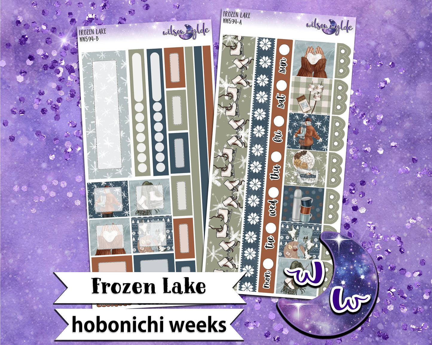 Frozen Lake weekly sticker kit, HOBONICHI WEEKS format, a la carte and bundle options. WW594